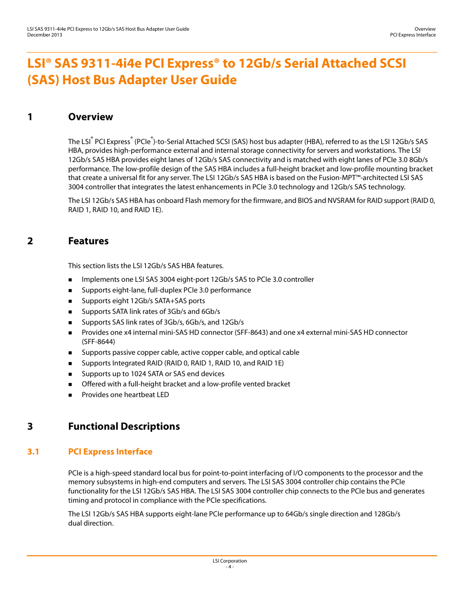 1 overview, 2 features, 3 functional descriptions | 1 pci express interface, 1 overview 2 features 3 functional descriptions, 1overview, 2features, 3functional descriptions | Avago Technologies SAS 9311-4i4e Host Bus Adapter User Manual | Page 4 / 10