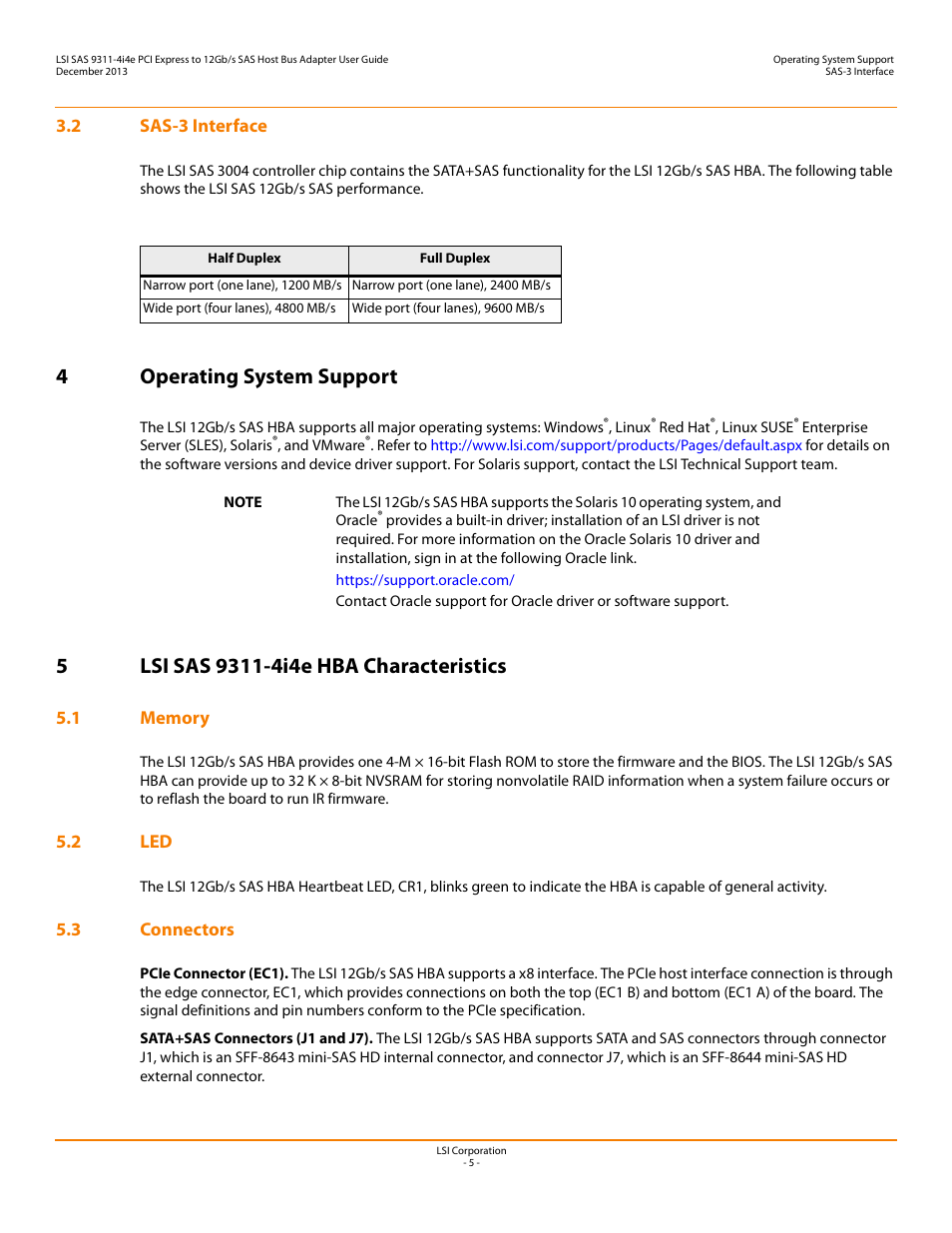 2 sas-3 interface, 4 operating system support, 5 lsi sas 9311-4i4e hba characteristics | 1 memory, 2 led, 3 connectors, 1 memory 5.2 led 5.3 connectors, 4operating system support | Avago Technologies SAS 9311-4i4e Host Bus Adapter User Manual | Page 5 / 10