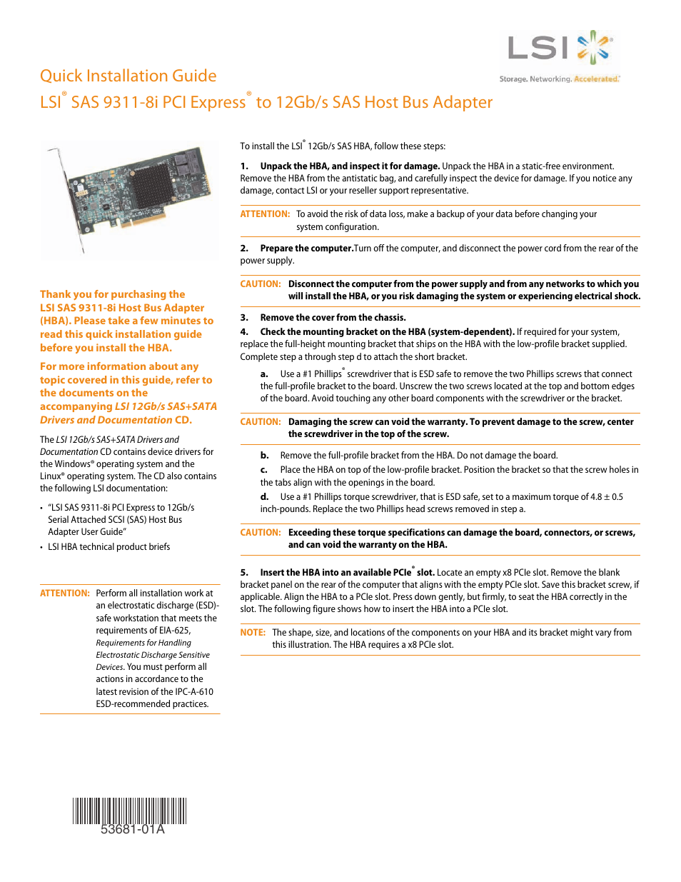 Avago Technologies SAS 9311-8i Host Bus Adapter User Manual | 2 pages