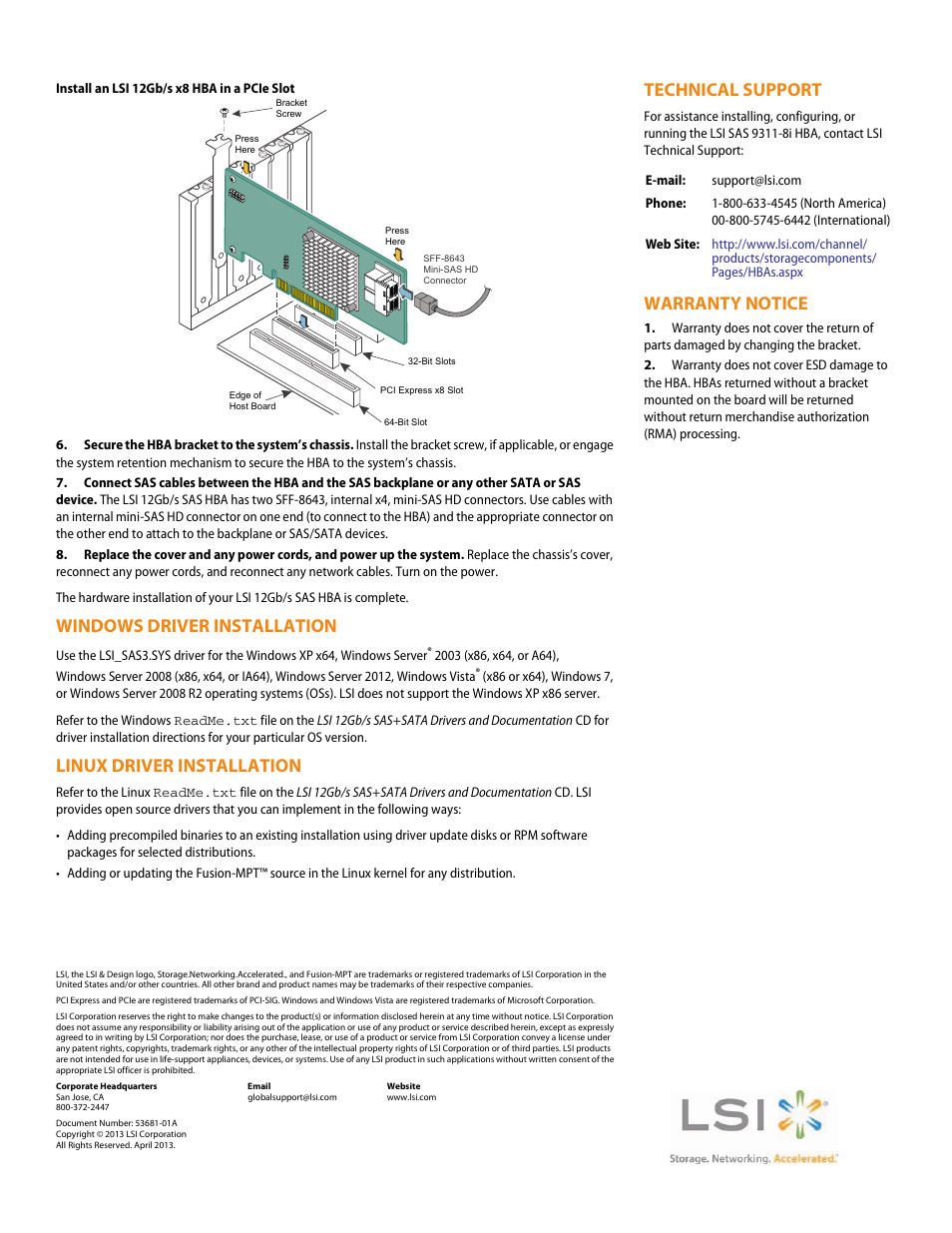 Windows driver installation, Linux driver installation, Technical support | Warranty notice | Avago Technologies SAS 9311-8i Host Bus Adapter User Manual | Page 2 / 2