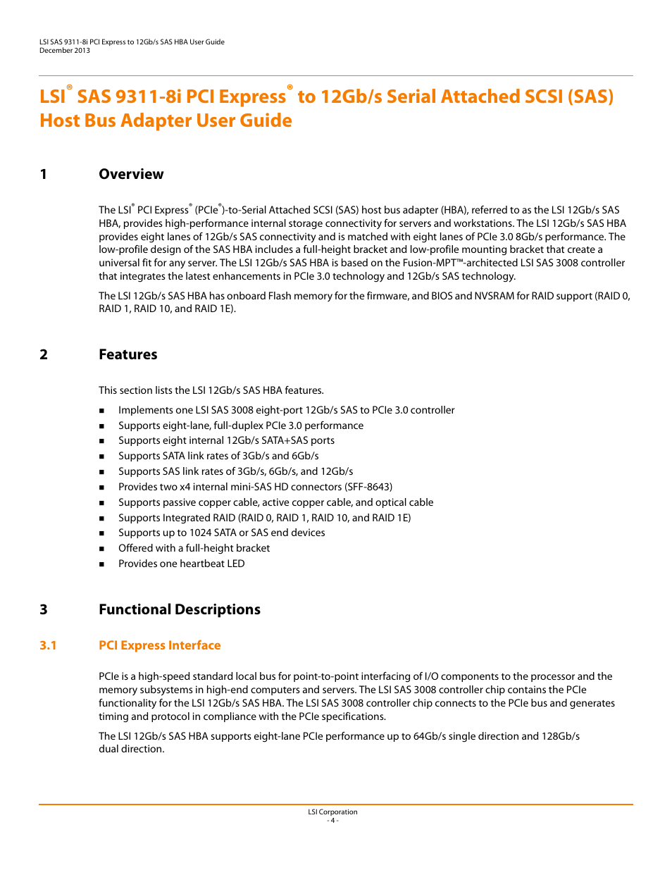 1 overview, 2 features, 3 functional descriptions | 1 pci express interface, 1 overview 2 features 3 functional descriptions, 1overview, 2features, 3functional descriptions | Avago Technologies SAS 9311-8i Host Bus Adapter User Manual | Page 4 / 10
