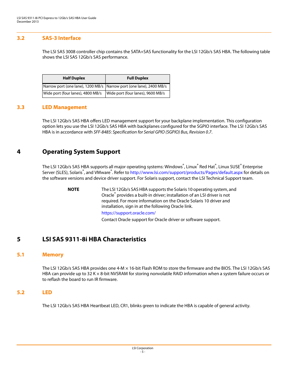 2 sas-3 interface, 3 led management, 4 operating system support | 5 lsi sas 9311-8i hba characteristics, 1 memory, 2 led, 2 sas-3 interface 3.3 led management, 1 memory 5.2 led, 4operating system support | Avago Technologies SAS 9311-8i Host Bus Adapter User Manual | Page 5 / 10