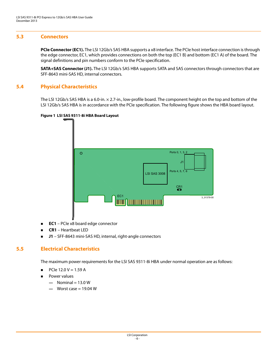 3 connectors, 4 physical characteristics, 5 electrical characteristics | Avago Technologies SAS 9311-8i Host Bus Adapter User Manual | Page 6 / 10