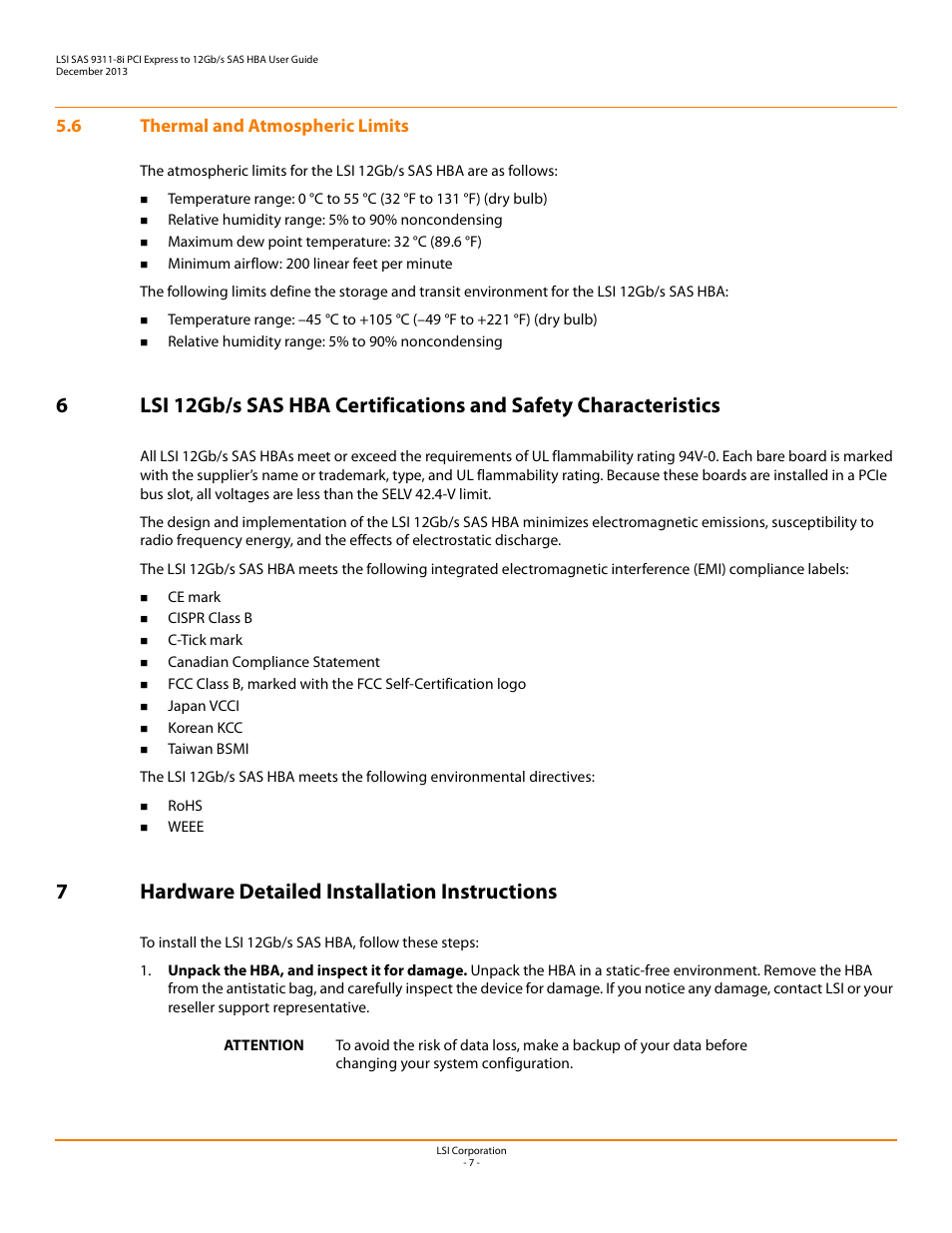 6 thermal and atmospheric limits, 7 hardware detailed installation instructions, 7hardware detailed installation instructions | Avago Technologies SAS 9311-8i Host Bus Adapter User Manual | Page 7 / 10