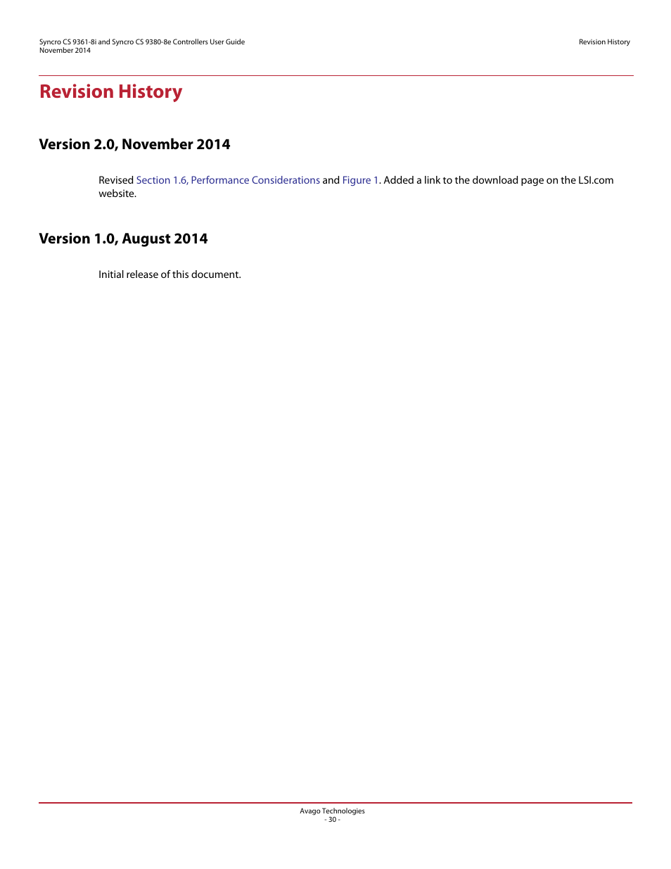 Revision history | Avago Technologies Syncro 9361-8i User Manual | Page 30 / 31