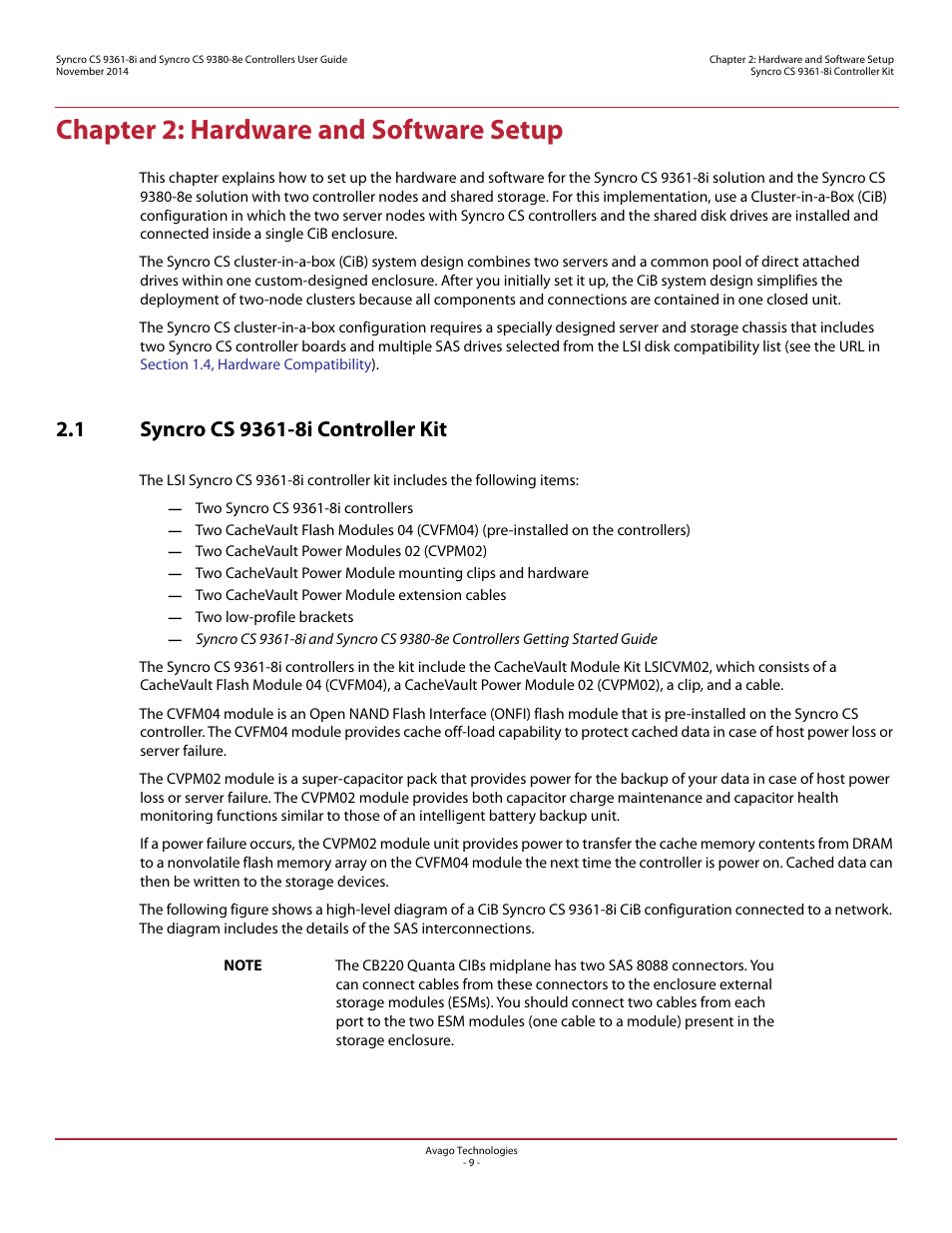 Chapter 2: hardware and software setup, 1 syncro cs 9361-8i controller kit | Avago Technologies Syncro 9361-8i User Manual | Page 9 / 31
