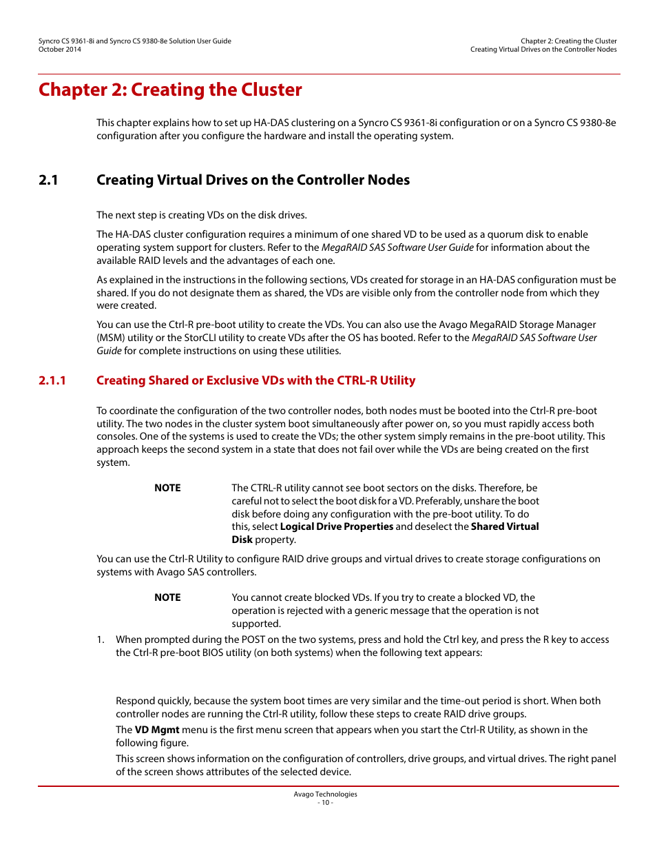 Chapter 2: creating the cluster, 1 creating virtual drives on the controller nodes, Chapter 2 | Expla | Avago Technologies Syncro 9361-8i User Manual | Page 10 / 81
