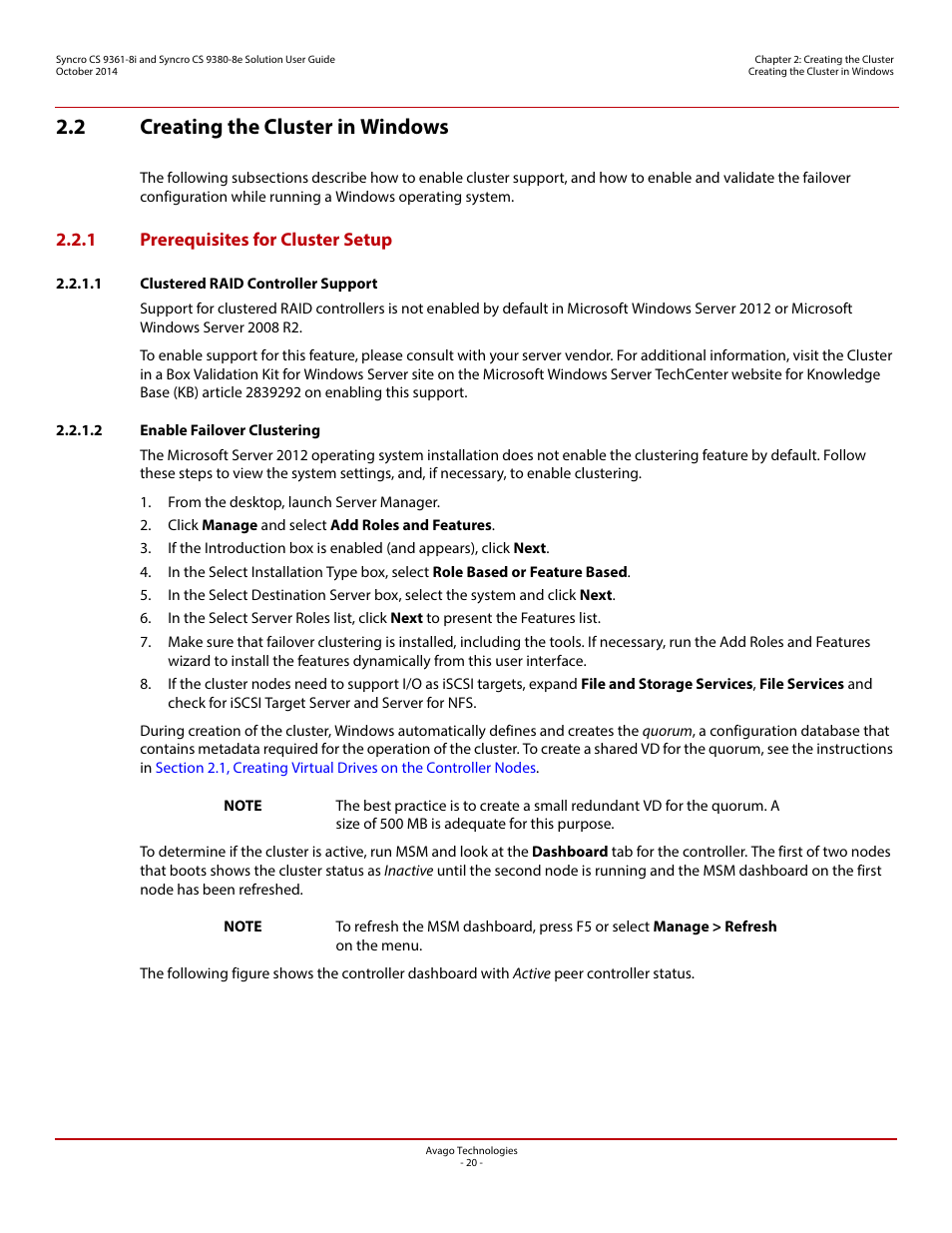2 creating the cluster in windows, 1 prerequisites for cluster setup, 1 clustered raid controller support | 2 enable failover clustering | Avago Technologies Syncro 9361-8i User Manual | Page 20 / 81