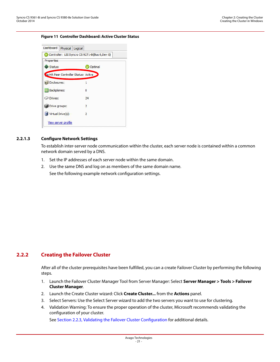 3 configure network settings, 2 creating the failover cluster | Avago Technologies Syncro 9361-8i User Manual | Page 21 / 81