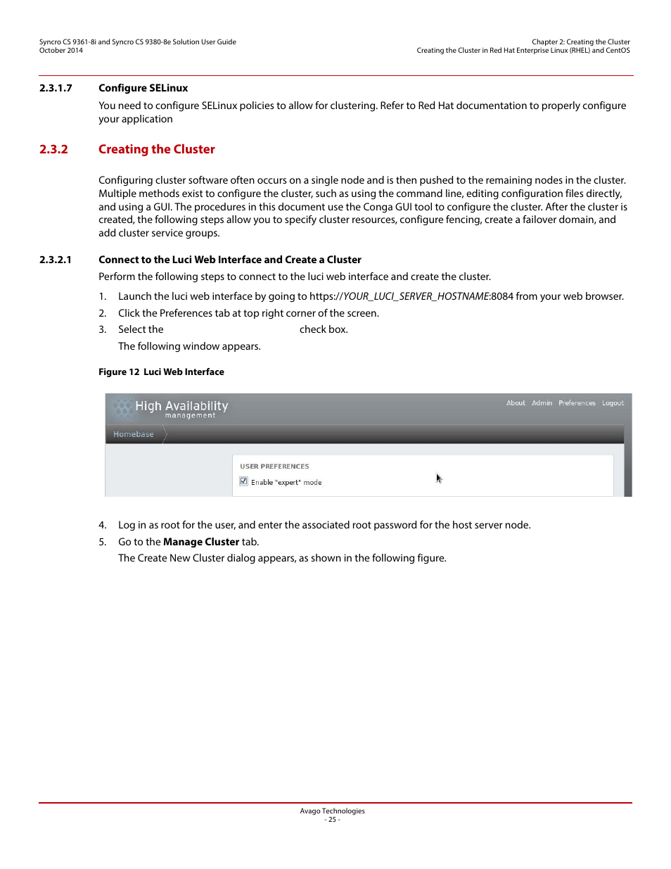 7 configure selinux, 2 creating the cluster | Avago Technologies Syncro 9361-8i User Manual | Page 25 / 81