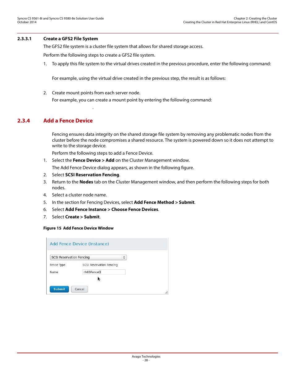 1 create a gfs2 file system, 4 add a fence device | Avago Technologies Syncro 9361-8i User Manual | Page 28 / 81