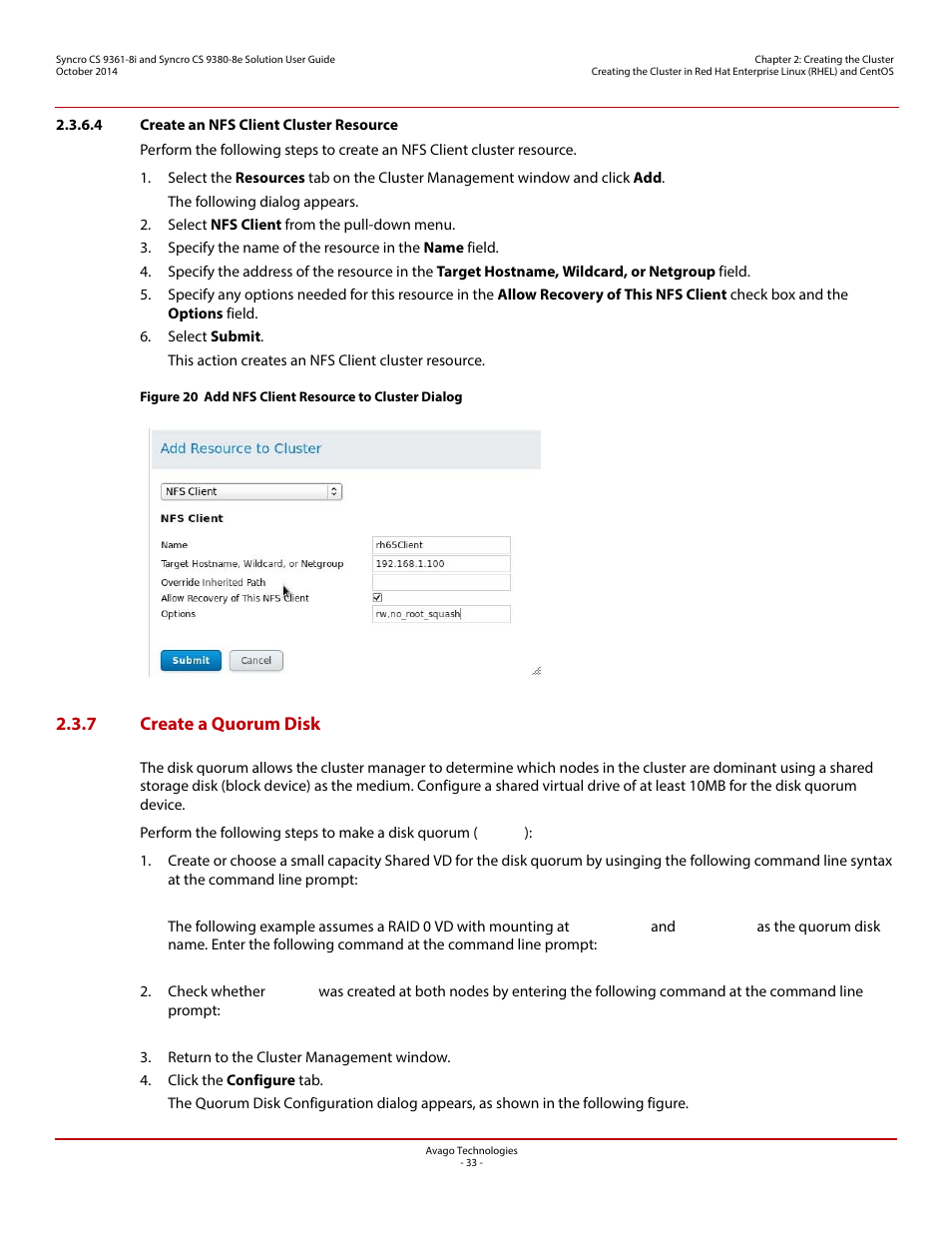 4 create an nfs client cluster resource, 7 create a quorum disk | Avago Technologies Syncro 9361-8i User Manual | Page 33 / 81