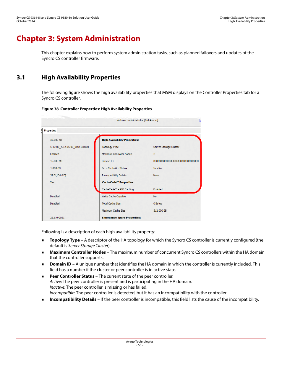 Chapter 3: system administration, 1 high availability properties, Chapter 3 | Explains ho | Avago Technologies Syncro 9361-8i User Manual | Page 56 / 81