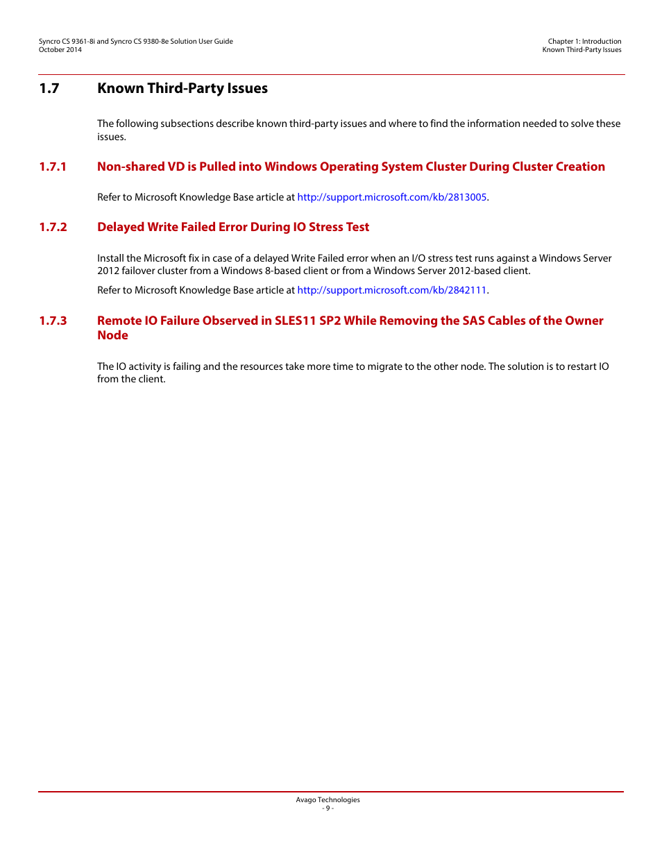 7 known third-party issues, 2 delayed write failed error during io stress test | Avago Technologies Syncro 9361-8i User Manual | Page 9 / 81