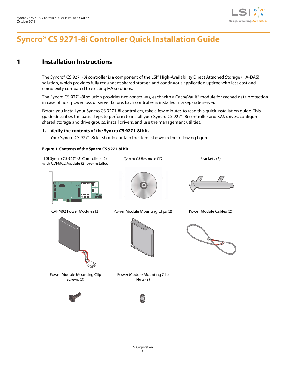 1 installation instructions, 1installation instructions | Avago Technologies Syncro CS 9271-8i User Manual | Page 3 / 8