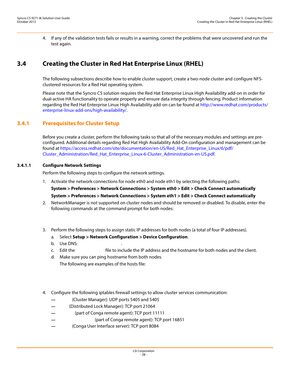 1 prerequisites for cluster setup, 1 configure network settings | Avago Technologies Syncro CS 9271-8i User Manual | Page 28 / 80