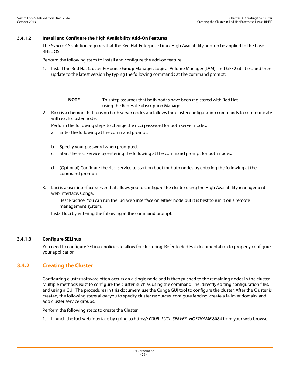 3 configure selinux, 2 creating the cluster | Avago Technologies Syncro CS 9271-8i User Manual | Page 29 / 80