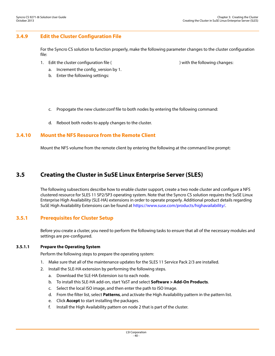 9 edit the cluster configuration file, 10 mount the nfs resource from the remote client, 1 prerequisites for cluster setup | 1 prepare the operating system | Avago Technologies Syncro CS 9271-8i User Manual | Page 40 / 80