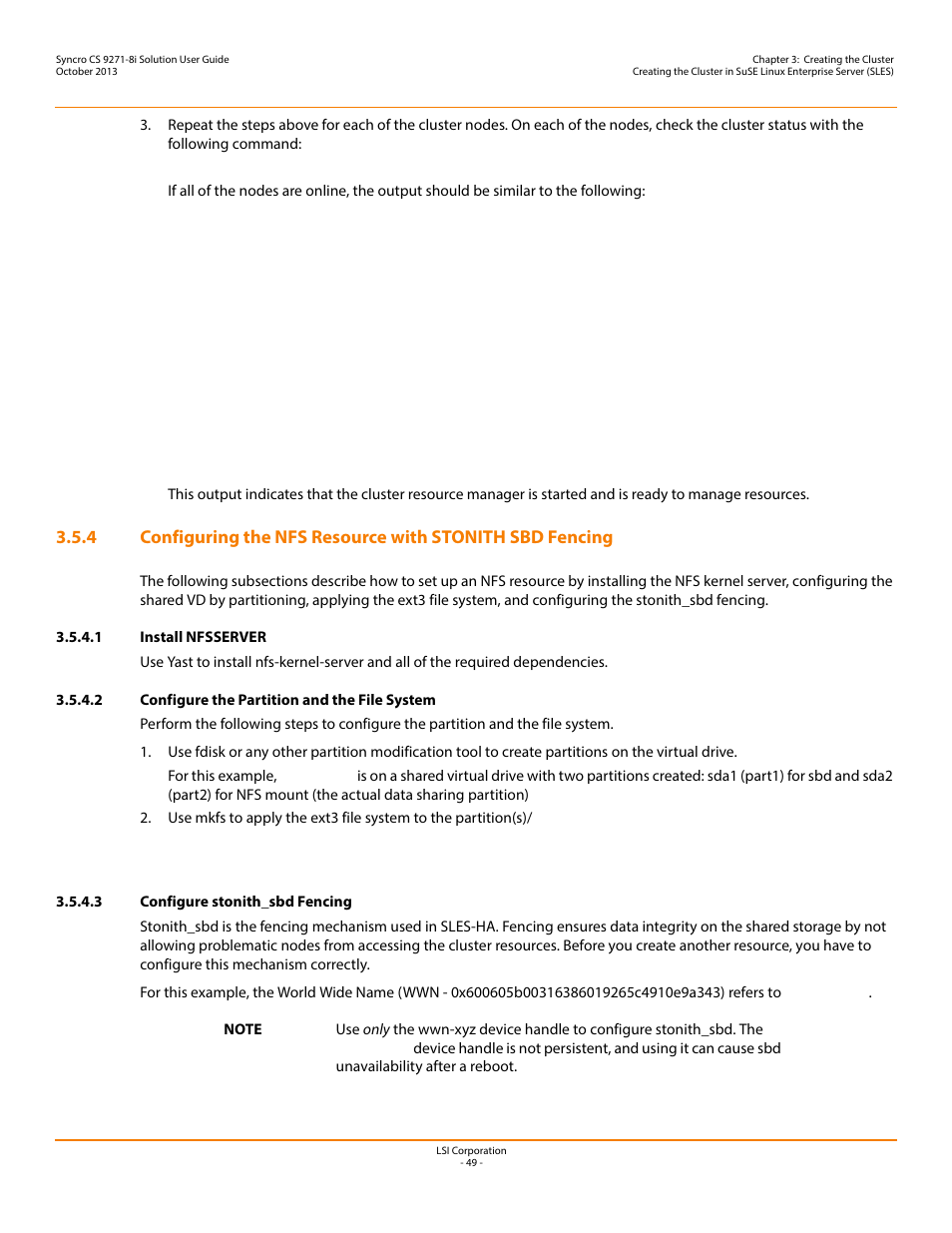 1 install nfsserver, 2 configure the partition and the file system, 3 configure stonith_sbd fencing | Avago Technologies Syncro CS 9271-8i User Manual | Page 49 / 80