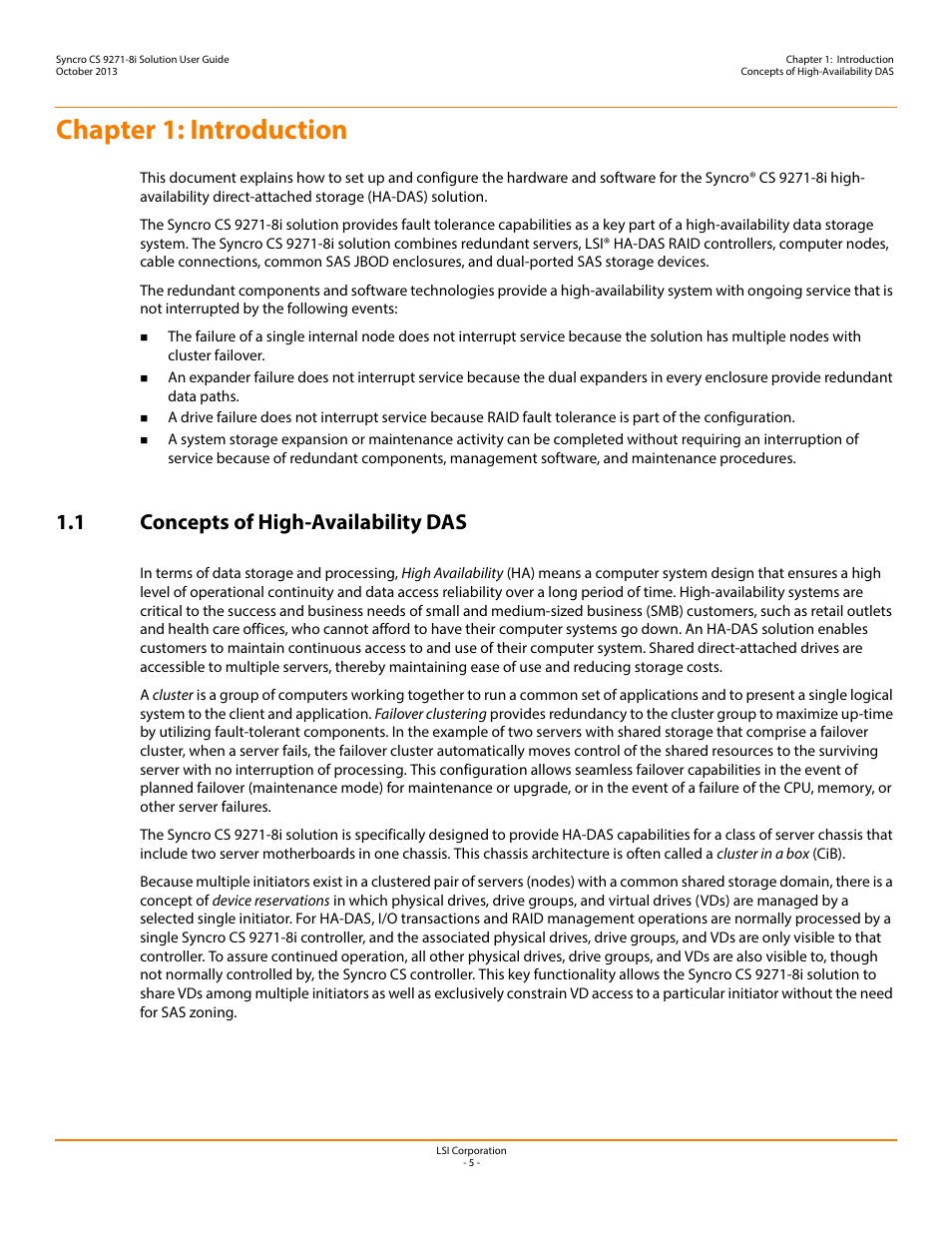 Chapter 1: introduction, 1 concepts of high-availability das | Avago Technologies Syncro CS 9271-8i User Manual | Page 5 / 80