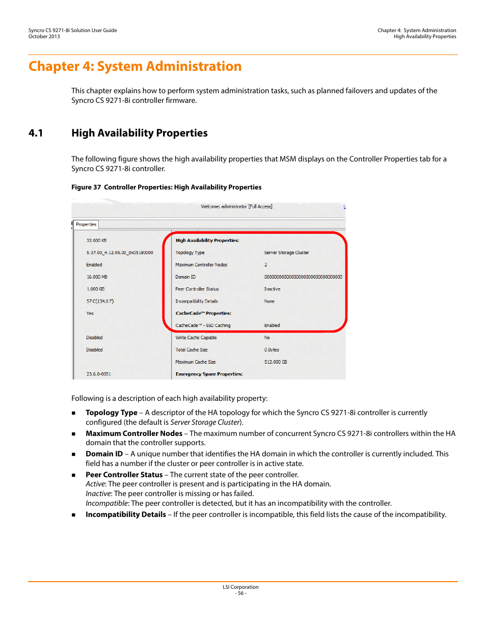 Chapter 4: system administration, 1 high availability properties | Avago Technologies Syncro CS 9271-8i User Manual | Page 56 / 80