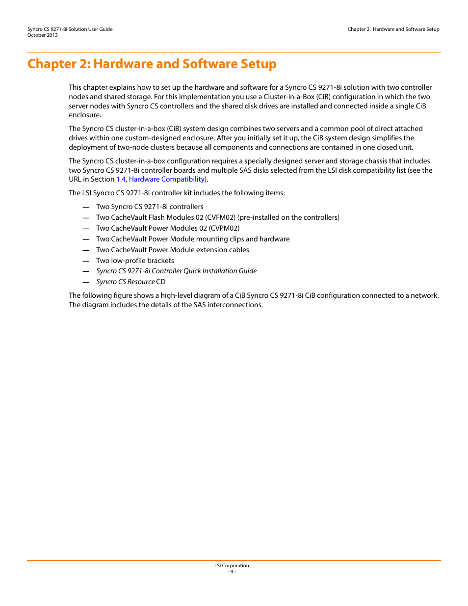 Chapter 2: hardware and software setup, Chapter 2 | Avago Technologies Syncro CS 9271-8i User Manual | Page 9 / 80