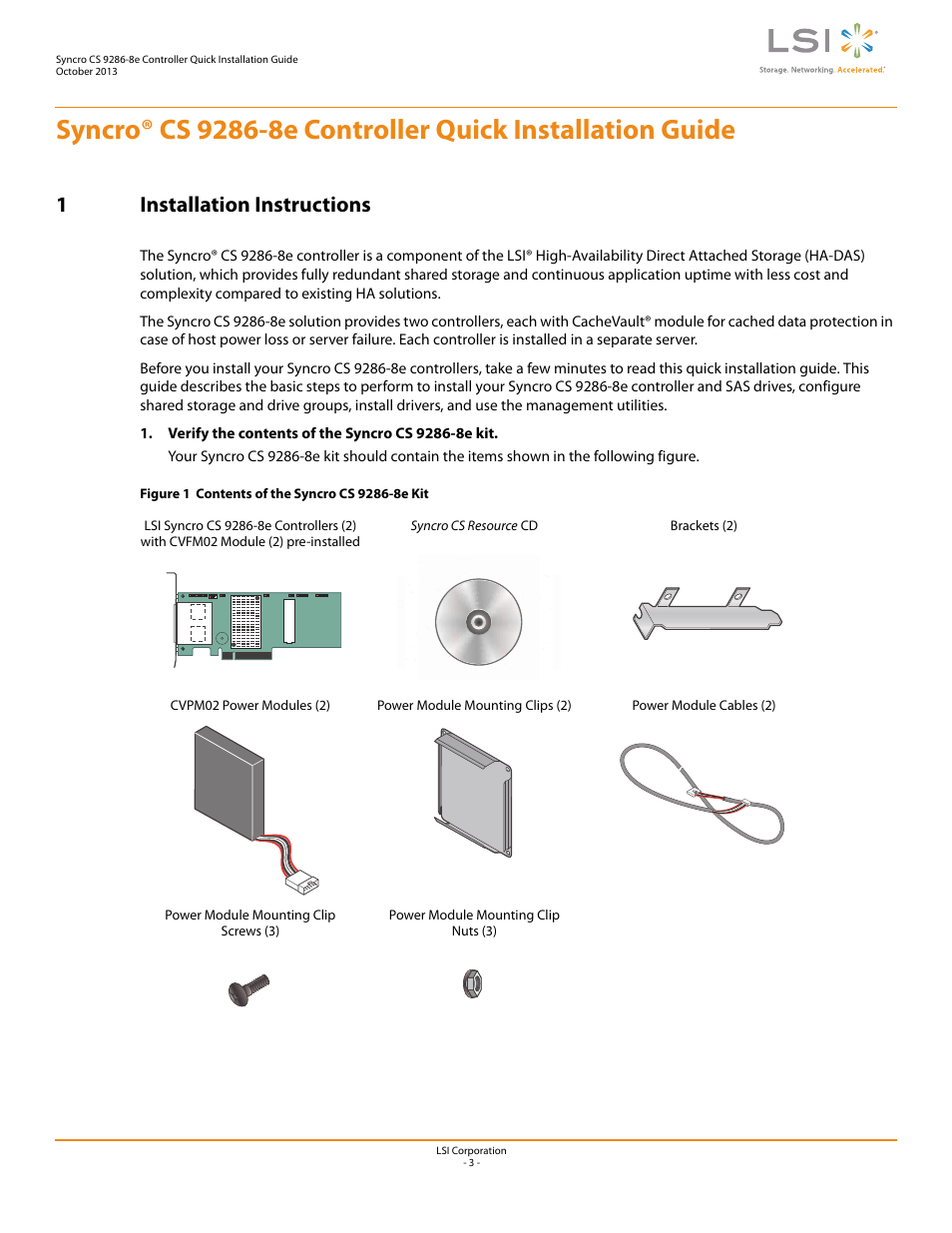 1 installation instructions, 1installation instructions | Avago Technologies Syncro CS 9286-8e User Manual | Page 3 / 8