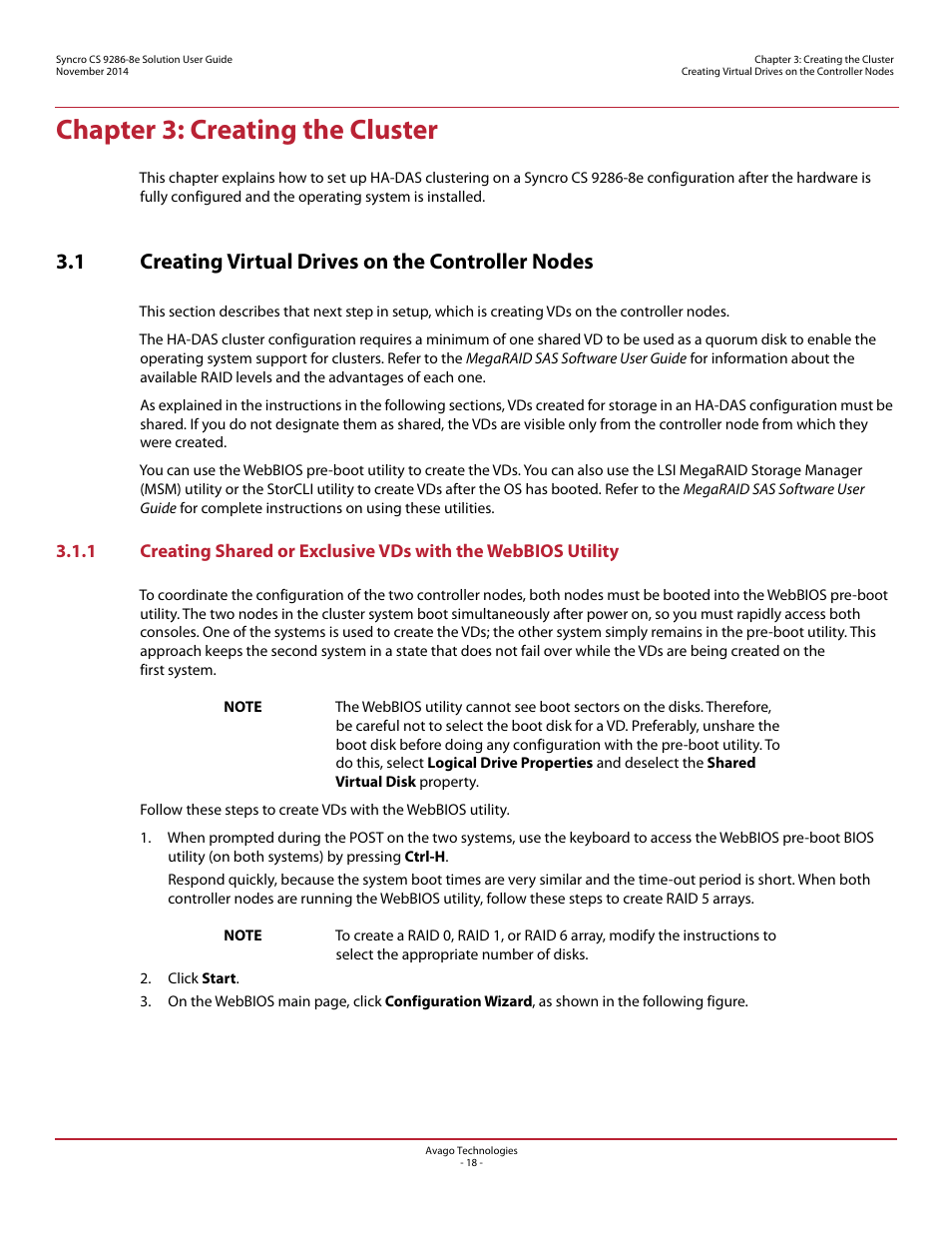 Chapter 3: creating the cluster, 1 creating virtual drives on the controller nodes, Chapter | Describe ho, Describes ho, Section, 1, creating virtual drives on the controller nodes | Avago Technologies Syncro CS 9286-8e User Manual | Page 18 / 80