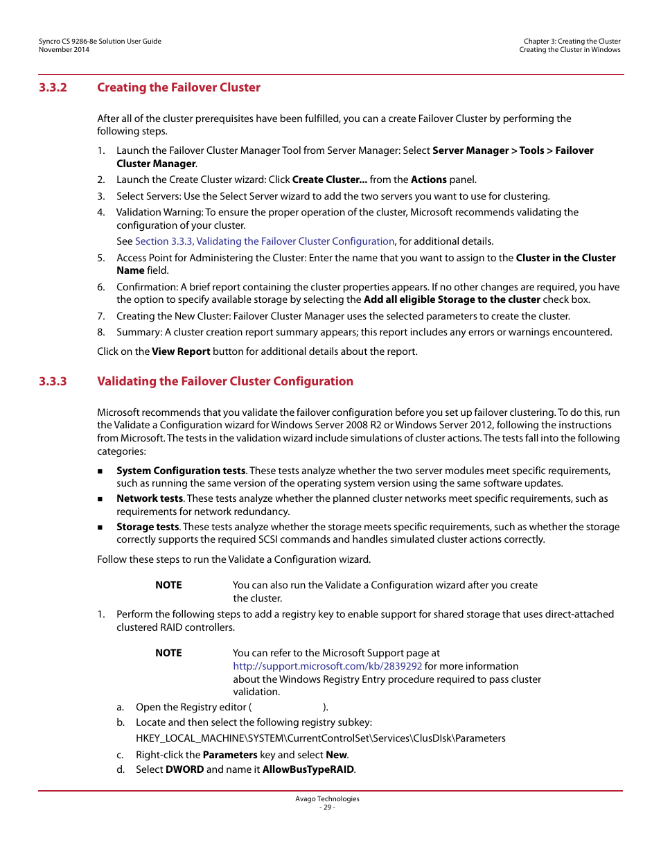 2 creating the failover cluster, 3 validating the failover cluster configuration | Avago Technologies Syncro CS 9286-8e User Manual | Page 29 / 80
