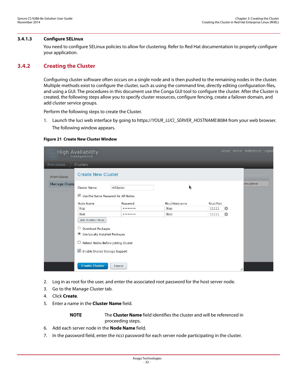 3 configure selinux, 2 creating the cluster | Avago Technologies Syncro CS 9286-8e User Manual | Page 32 / 80