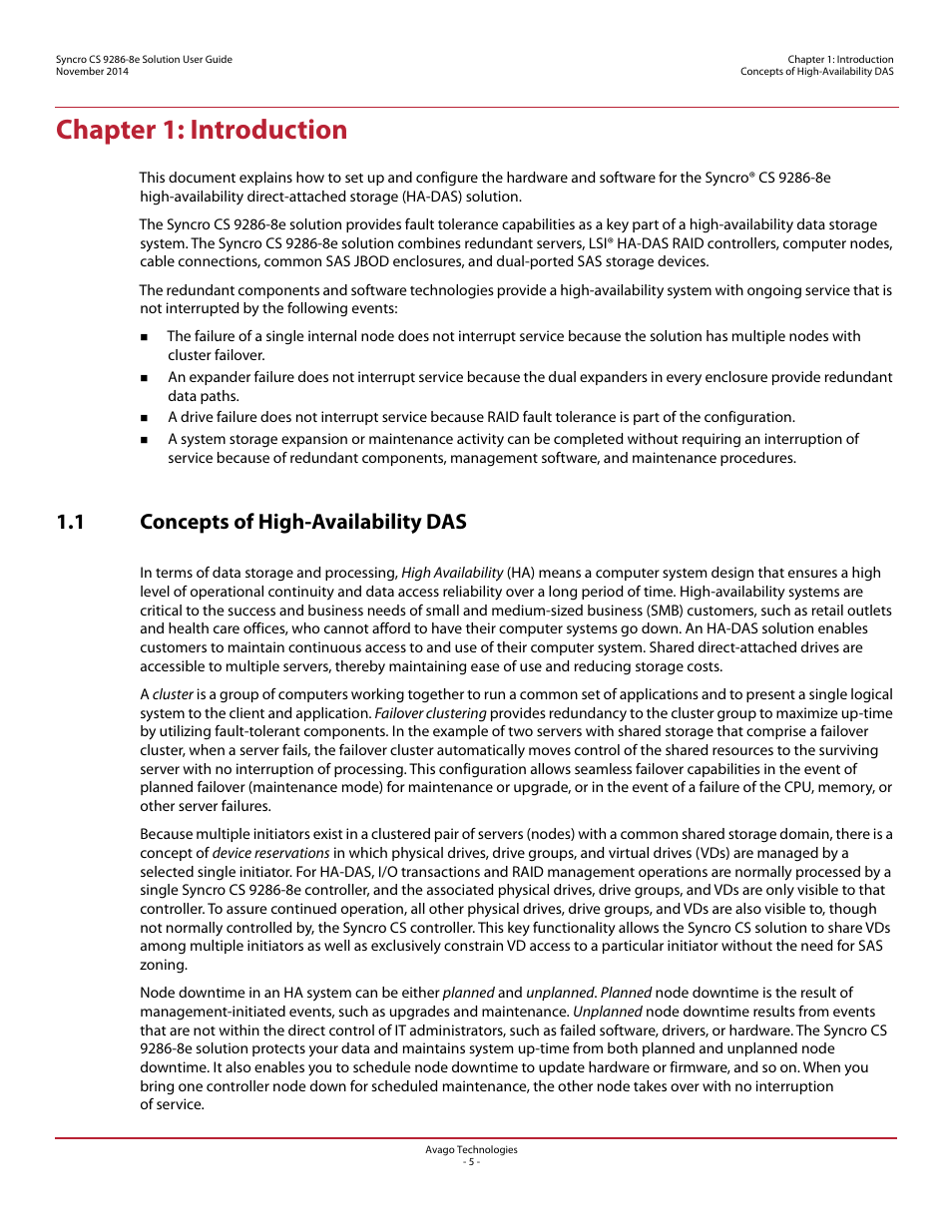 Chapter 1: introduction, 1 concepts of high-availability das | Avago Technologies Syncro CS 9286-8e User Manual | Page 5 / 80