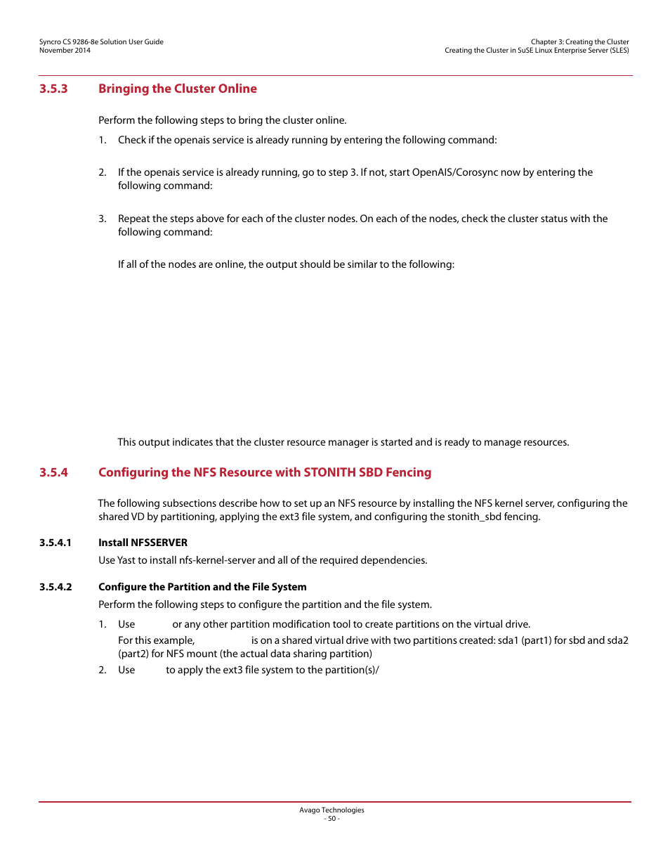 3 bringing the cluster online, 1 install nfsserver, 2 configure the partition and the file system | Avago Technologies Syncro CS 9286-8e User Manual | Page 50 / 80