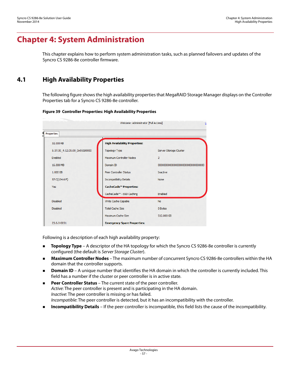 Chapter 4: system administration, 1 high availability properties | Avago Technologies Syncro CS 9286-8e User Manual | Page 57 / 80