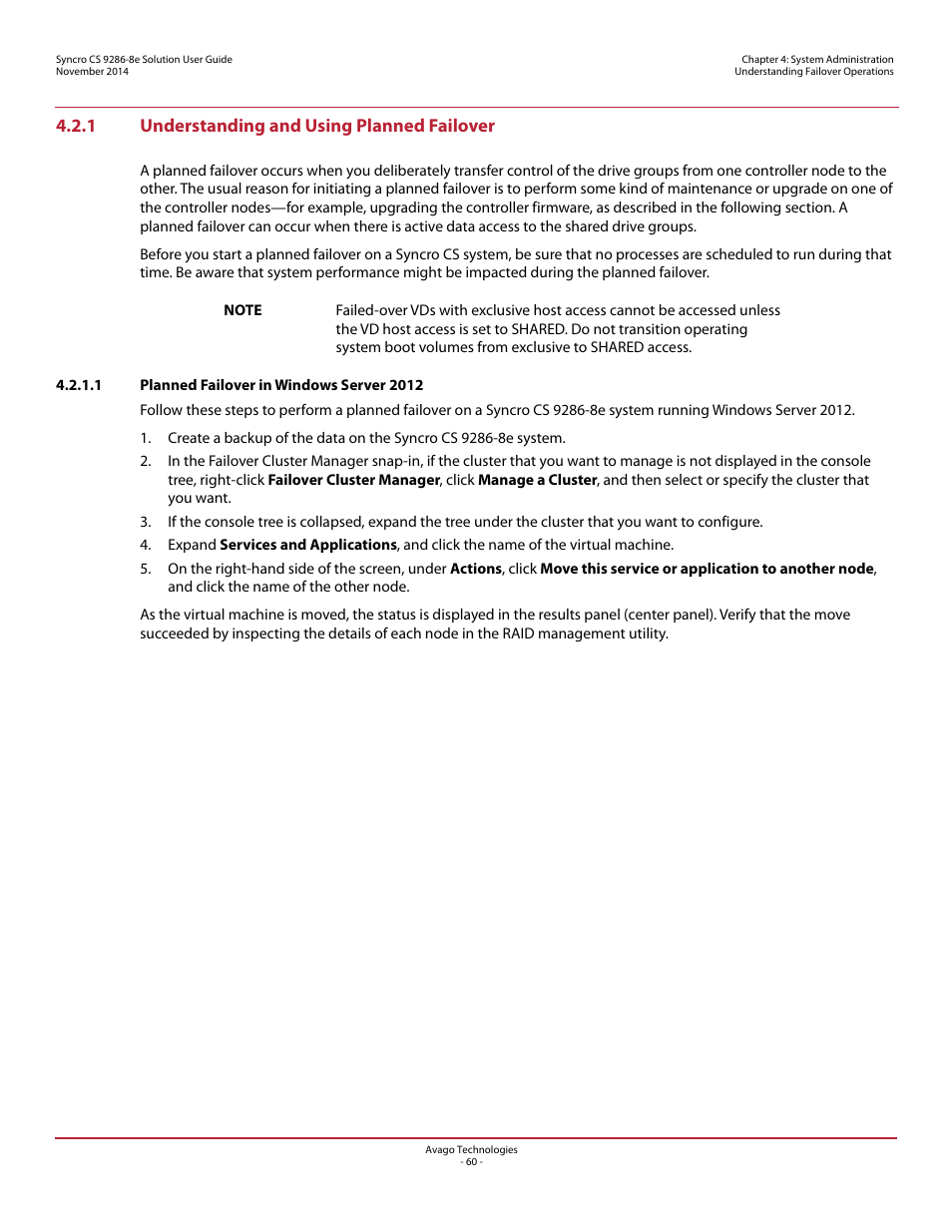 1 understanding and using planned failover, 1 planned failover in windows server 2012 | Avago Technologies Syncro CS 9286-8e User Manual | Page 60 / 80