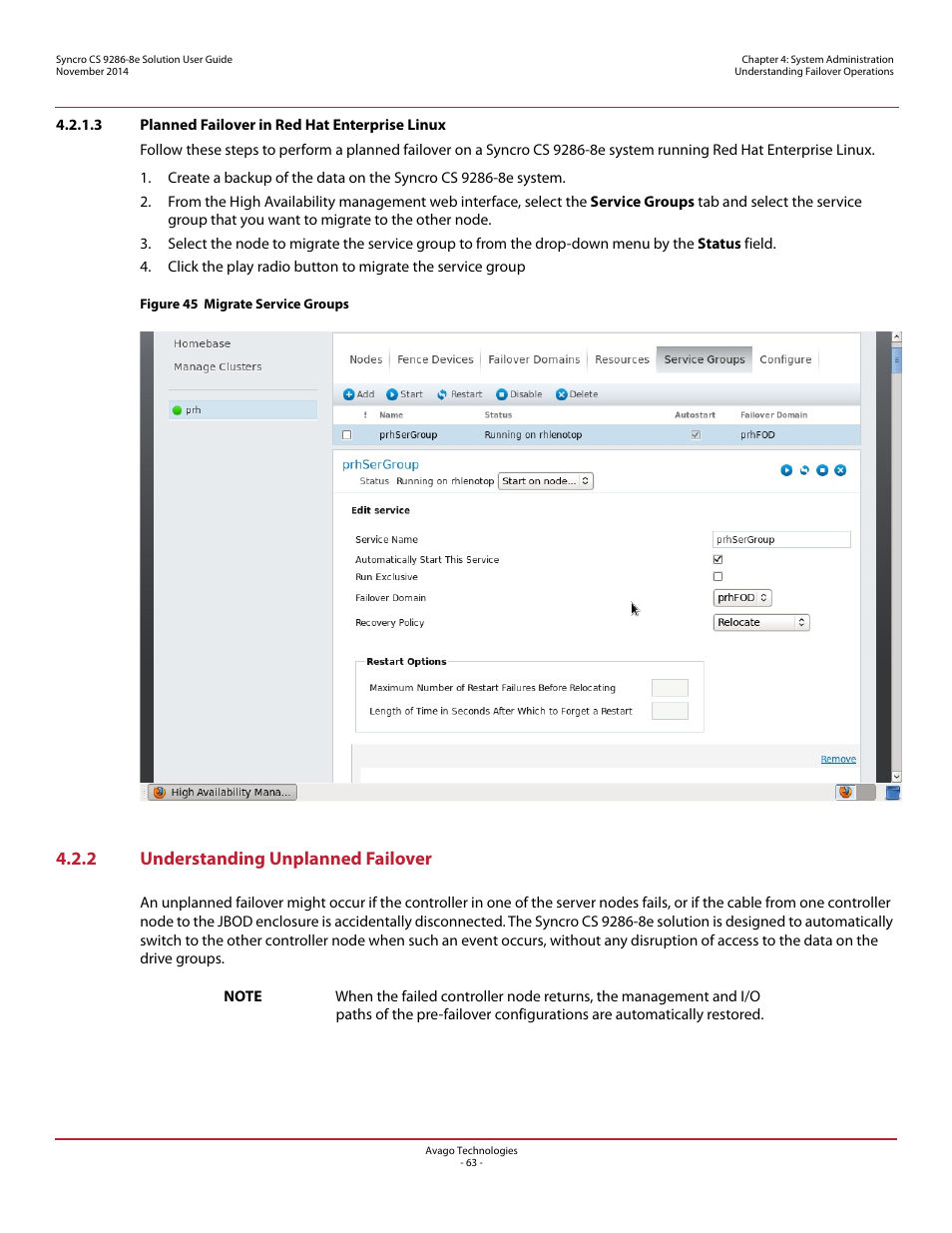 3 planned failover in red hat enterprise linux, 2 understanding unplanned failover | Avago Technologies Syncro CS 9286-8e User Manual | Page 63 / 80