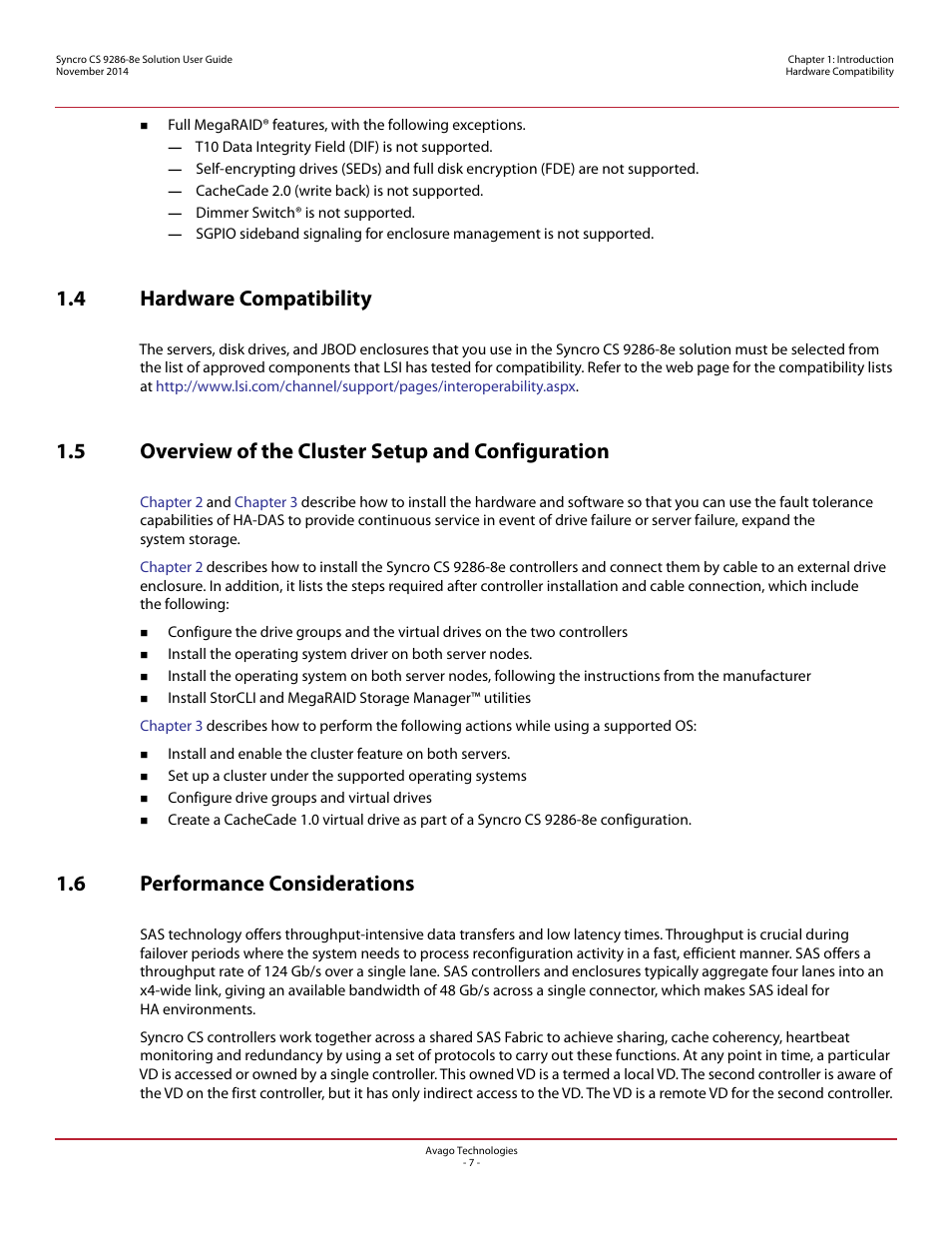 4 hardware compatibility, 5 overview of the cluster setup and configuration, 6 performance considerations | Avago Technologies Syncro CS 9286-8e User Manual | Page 7 / 80