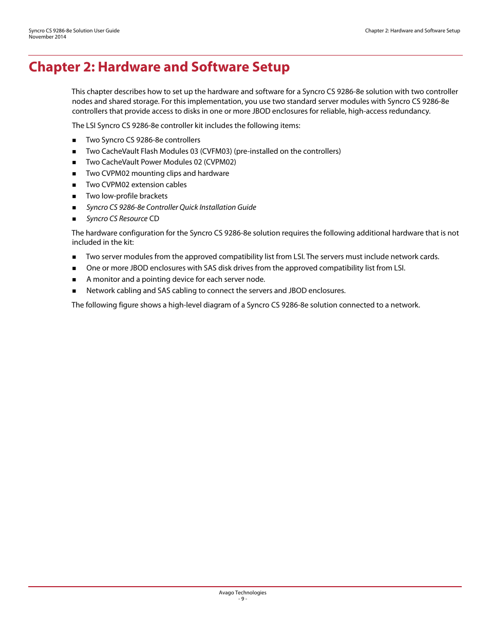 Chapter 2: hardware and software setup, Chapter, Describes ho | Avago Technologies Syncro CS 9286-8e User Manual | Page 9 / 80