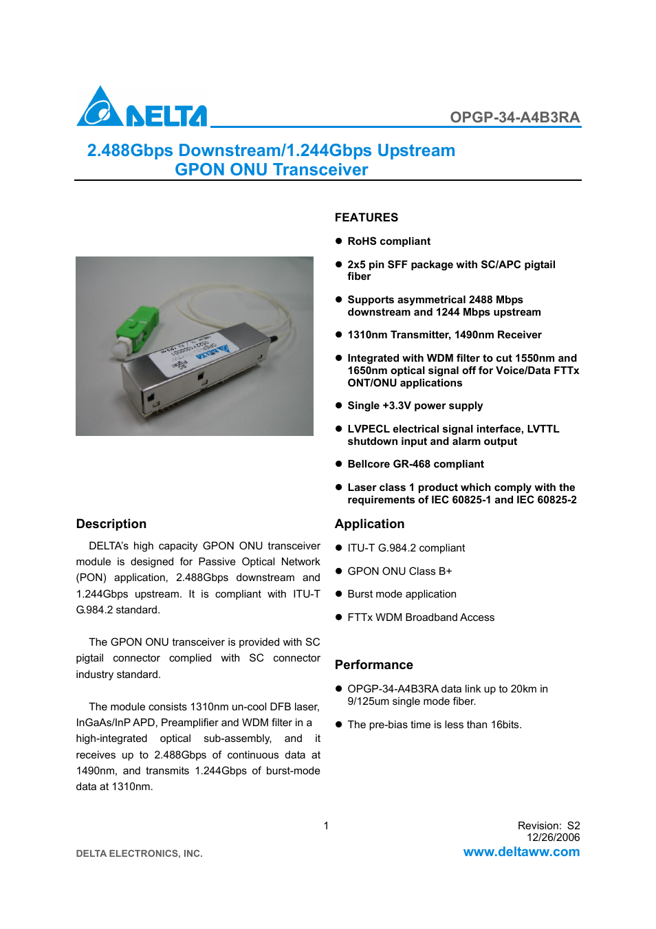 Delta Electronics GPON ONU Transceiver OPGP-34-A4B3RA User Manual | 8 pages