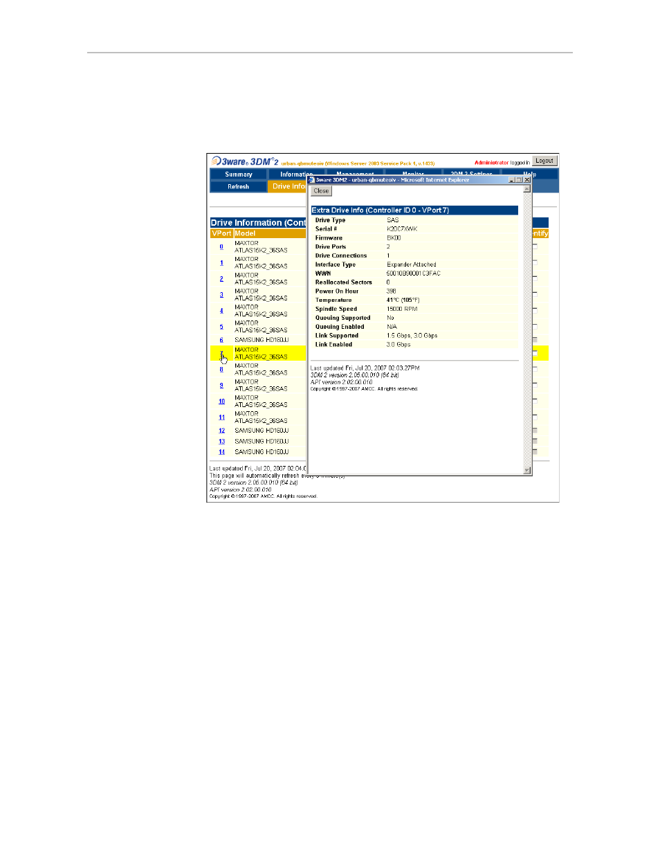 Drive details window, Extra drive information | Avago Technologies 3ware 9650SE-12ML (Channel) User Manual | Page 233 / 361