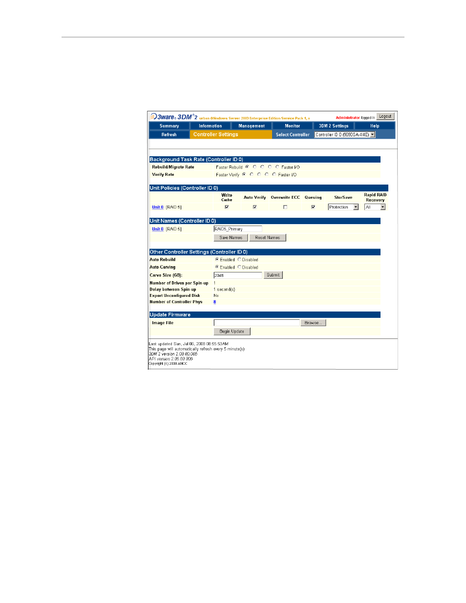 Controller settings page | Avago Technologies 3ware 9650SE-12ML (Channel) User Manual | Page 236 / 361