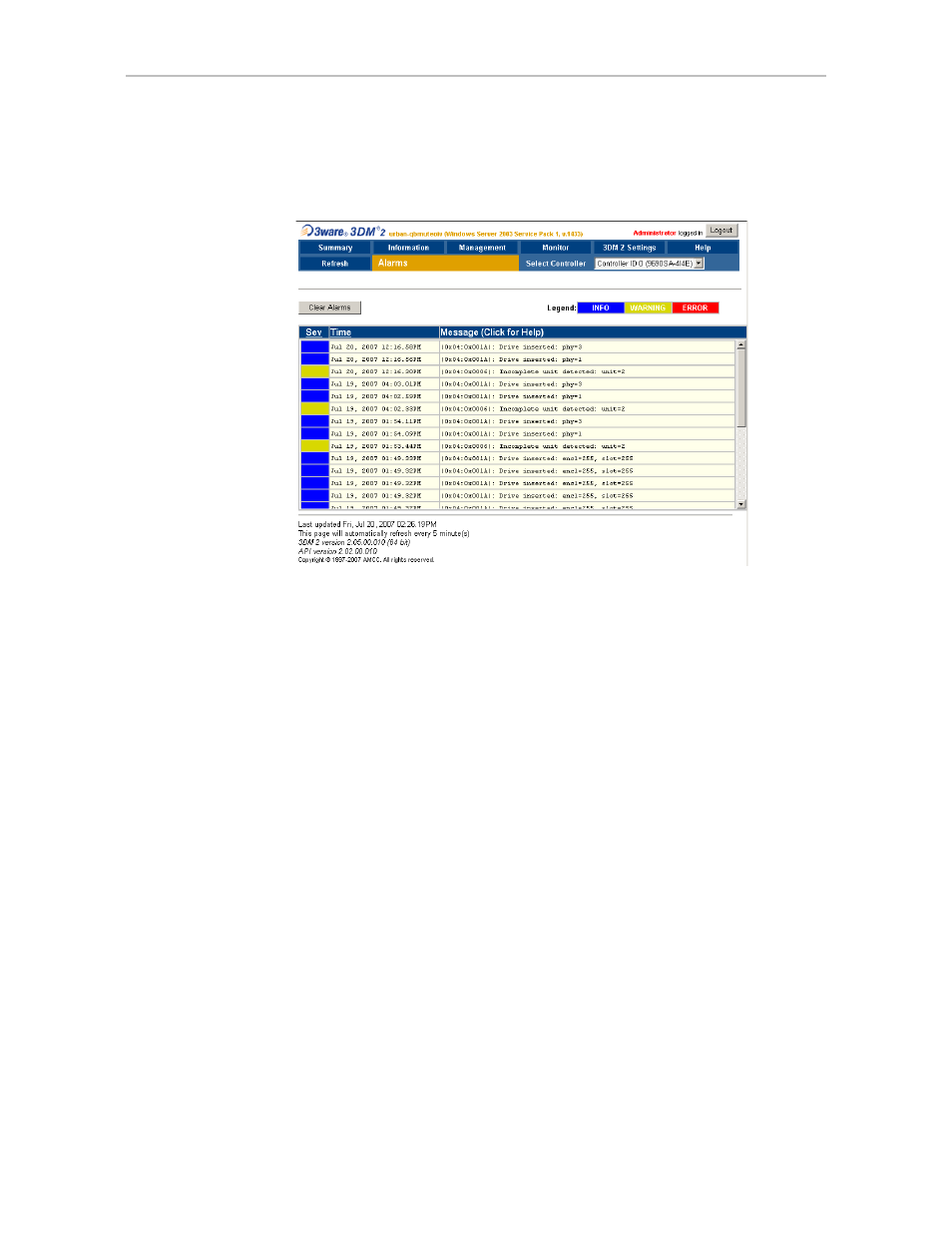 Alarms page | Avago Technologies 3ware 9650SE-12ML (Channel) User Manual | Page 252 / 361