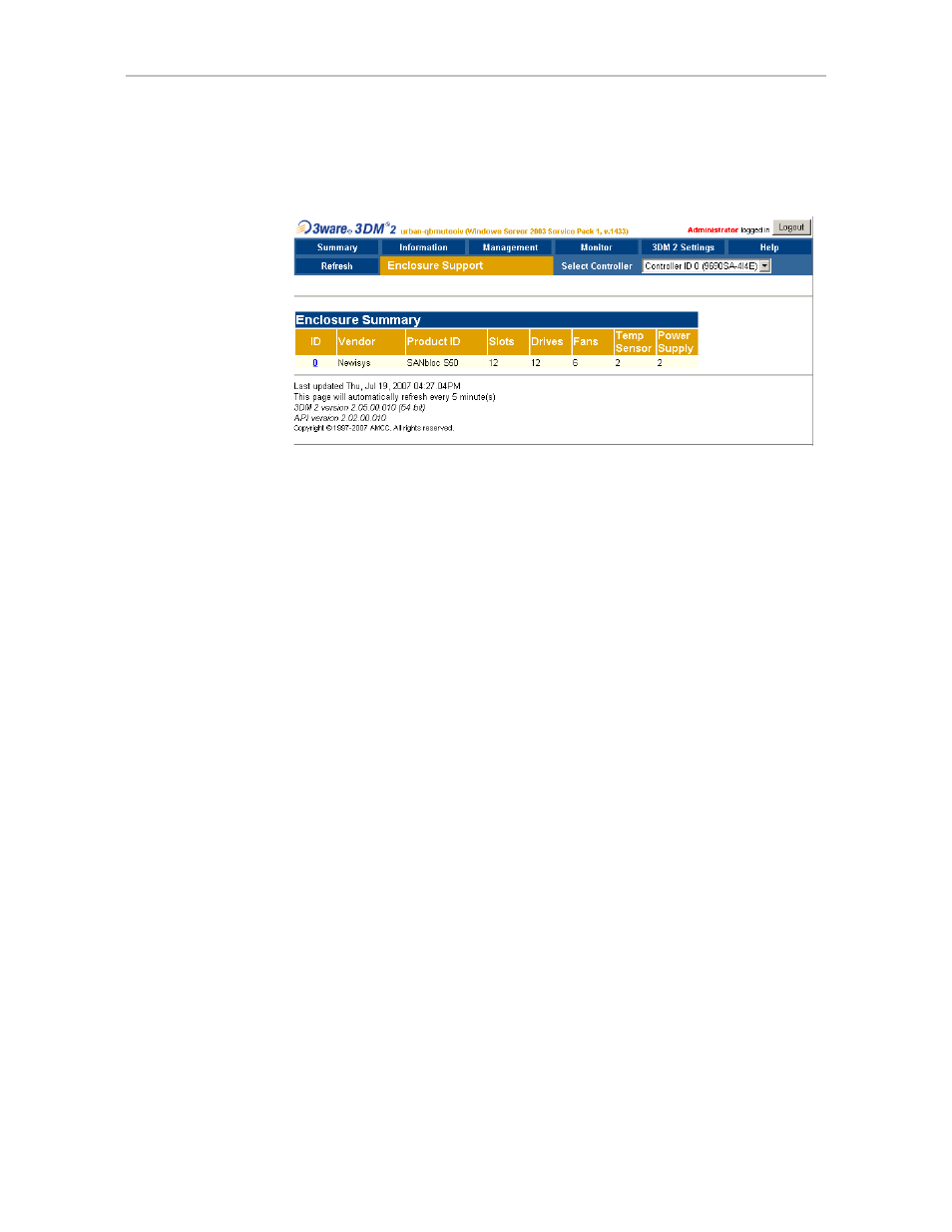 Enclosure summary page | Avago Technologies 3ware 9650SE-12ML (Channel) User Manual | Page 255 / 361