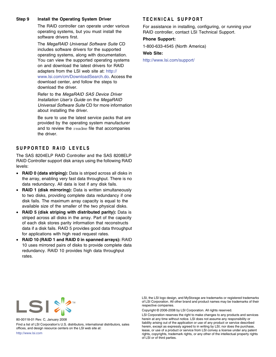 Supported raid levels, Technical support | Avago Technologies MegaRAID SAS 8204ELP User Manual | Page 3 / 3