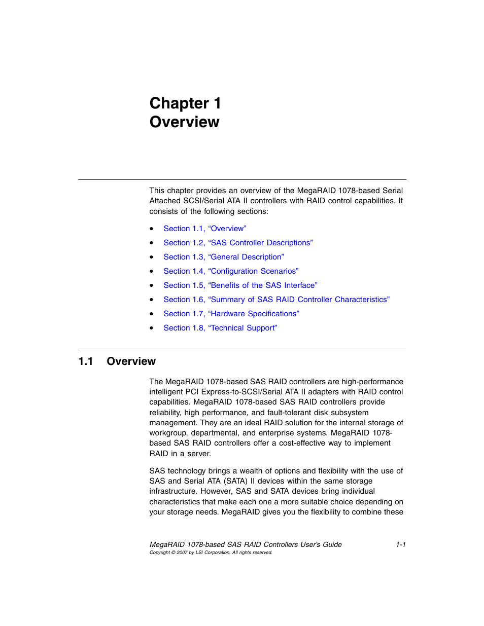 Chapter 1 overview, 1 overview, Chapter 1, overview | Chapter 1, Overview | Avago Technologies MegaRAID SAS 8204ELP User Manual | Page 15 / 72