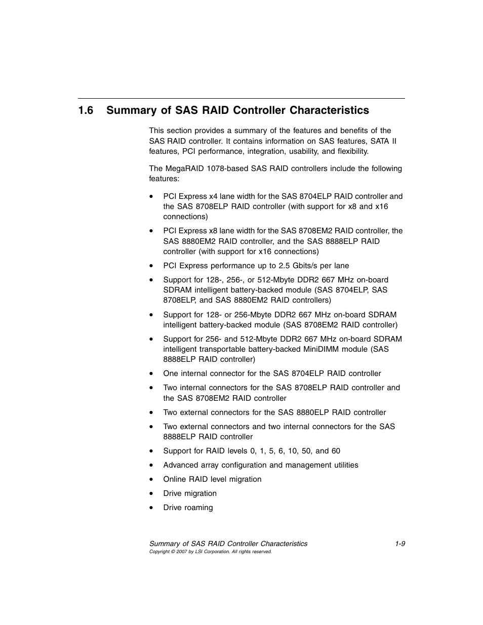 6 summary of sas raid controller characteristics, Summary of sas raid controller characteristics | Avago Technologies MegaRAID SAS 8204ELP User Manual | Page 23 / 72