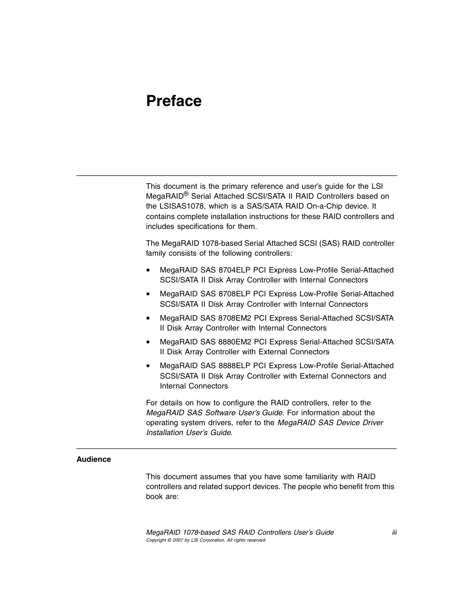 Preface | Avago Technologies MegaRAID SAS 8204ELP User Manual | Page 3 / 72