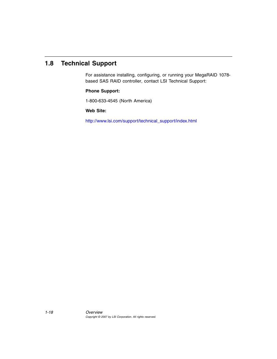 8 technical support, Technical support, Section 1.8, “technical support | Avago Technologies MegaRAID SAS 8204ELP User Manual | Page 32 / 72