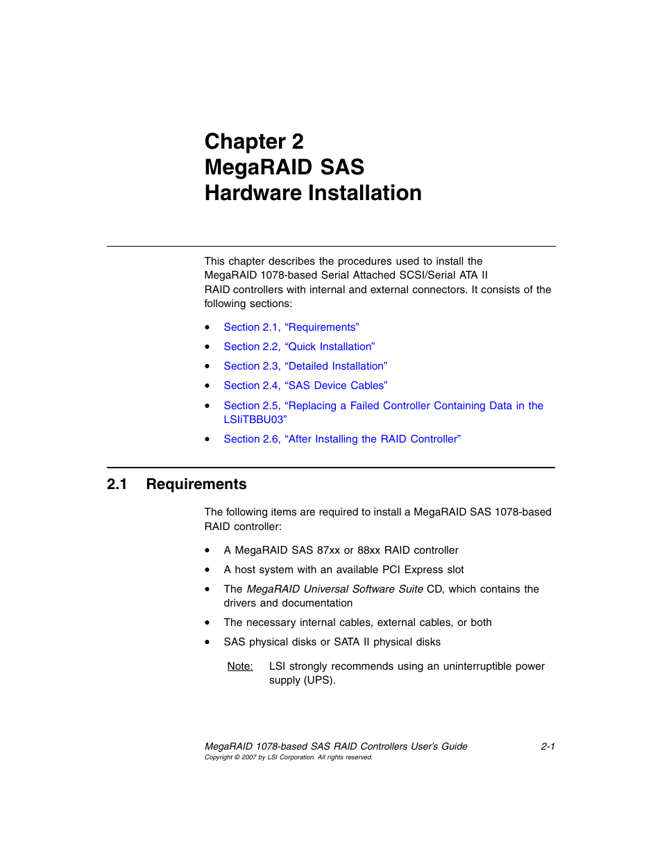 Chapter 2 megaraid sas hardware installation, 1 requirements, Chapter 2, megaraid sas hardware installation | Chapter 2, Megaraid sas hardware installation, Requirements | Avago Technologies MegaRAID SAS 8204ELP User Manual | Page 33 / 72