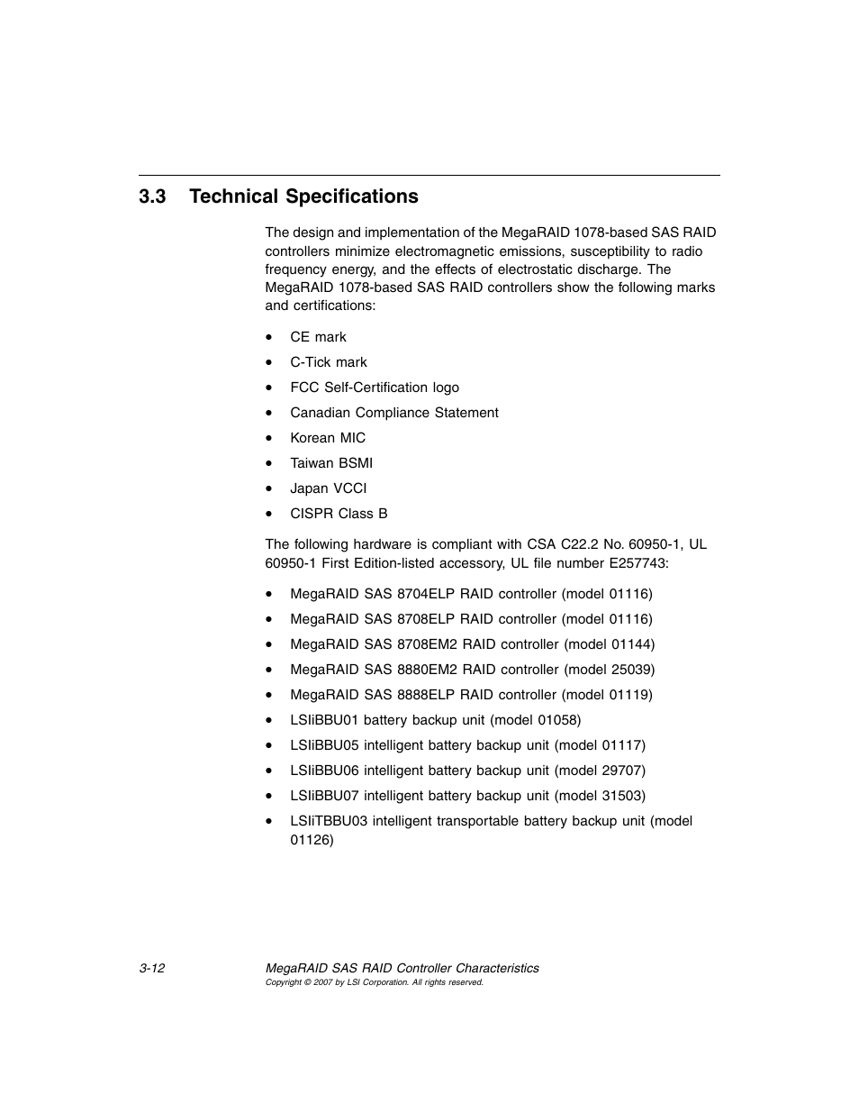 3 technical specifications, Technical specifications | Avago Technologies MegaRAID SAS 8204ELP User Manual | Page 56 / 72