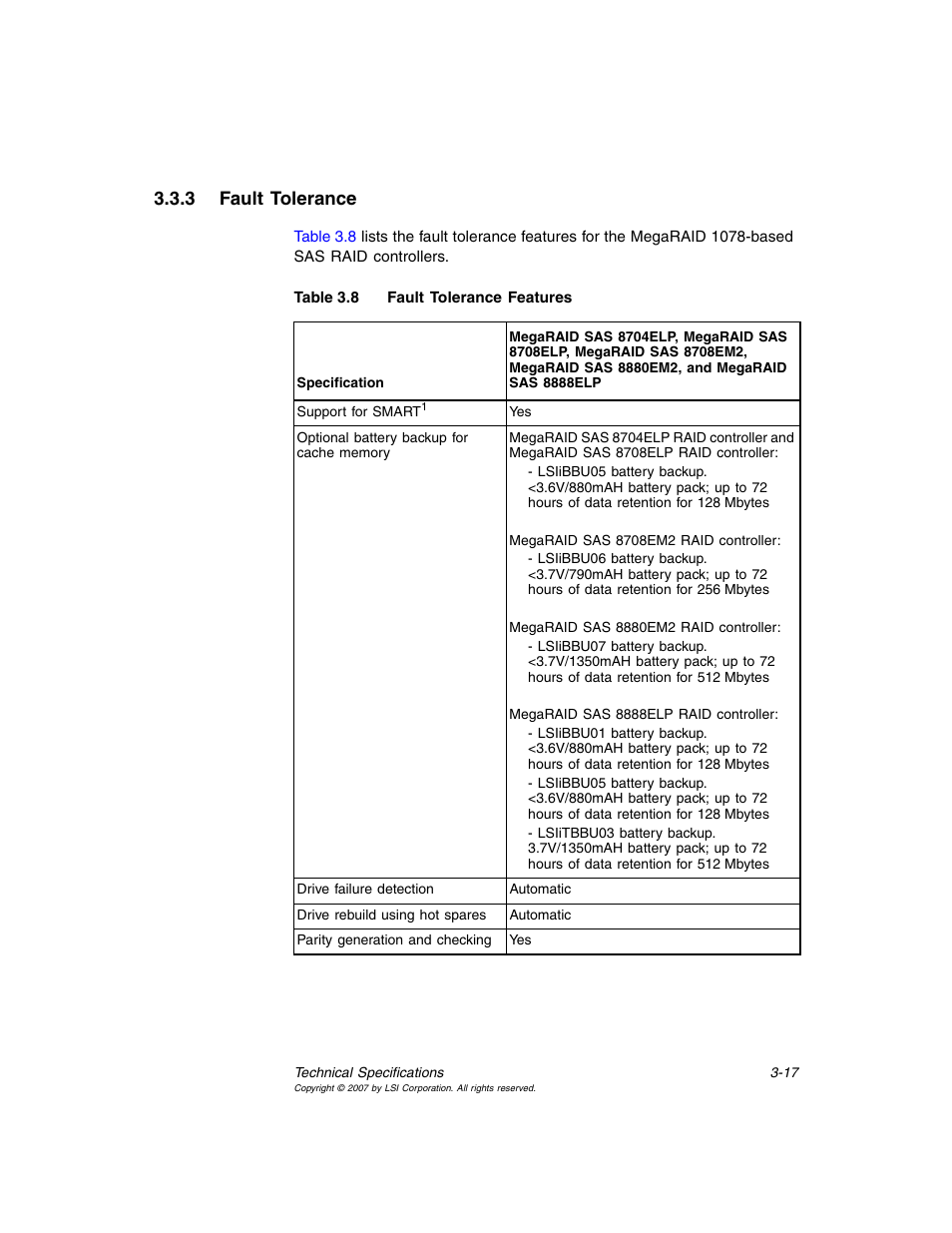 3 fault tolerance, Fault tolerance, Fault tolerance features | Avago Technologies MegaRAID SAS 8204ELP User Manual | Page 61 / 72